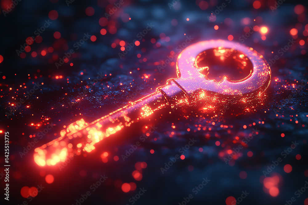 Poster A glowing key surrounded by vibrant particles, representing access and security in the digital age.