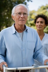 A man in a blue shirt is walking with a walker. A woman is standing behind him