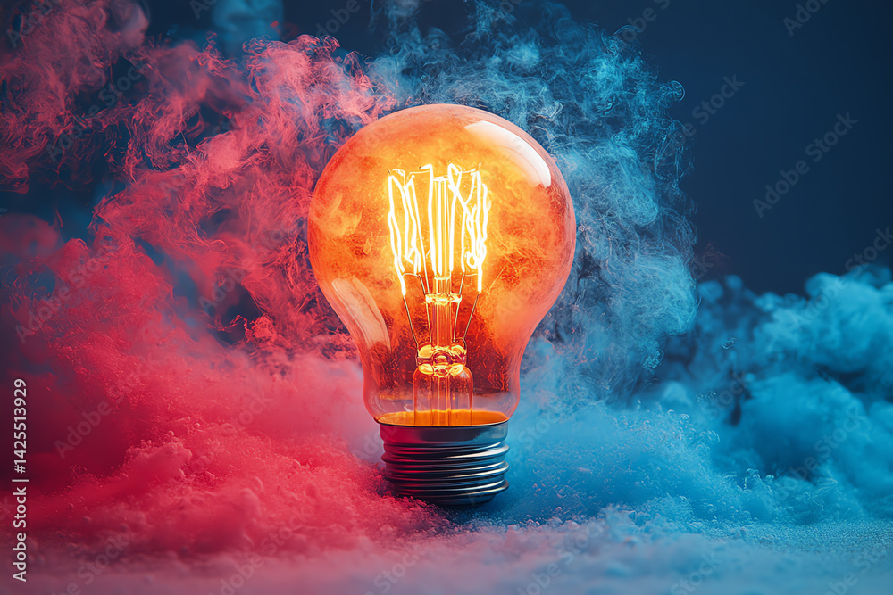 Poster a glowing light bulb surrounded by colorful smoke creates a visually striking and ethereal atmospher
