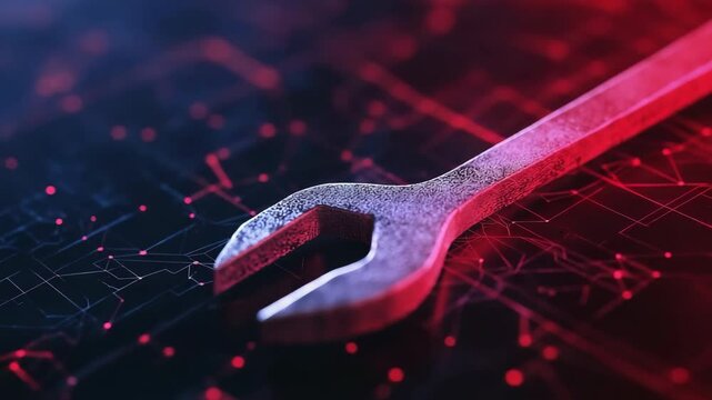 A wrench is on a black background with red and blue lines. The wrench is bent and has a red handle. Concept of technology and machinery