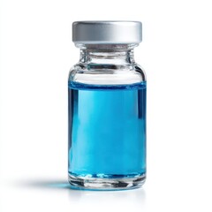 Medical vial with blue liquid isolated on white background