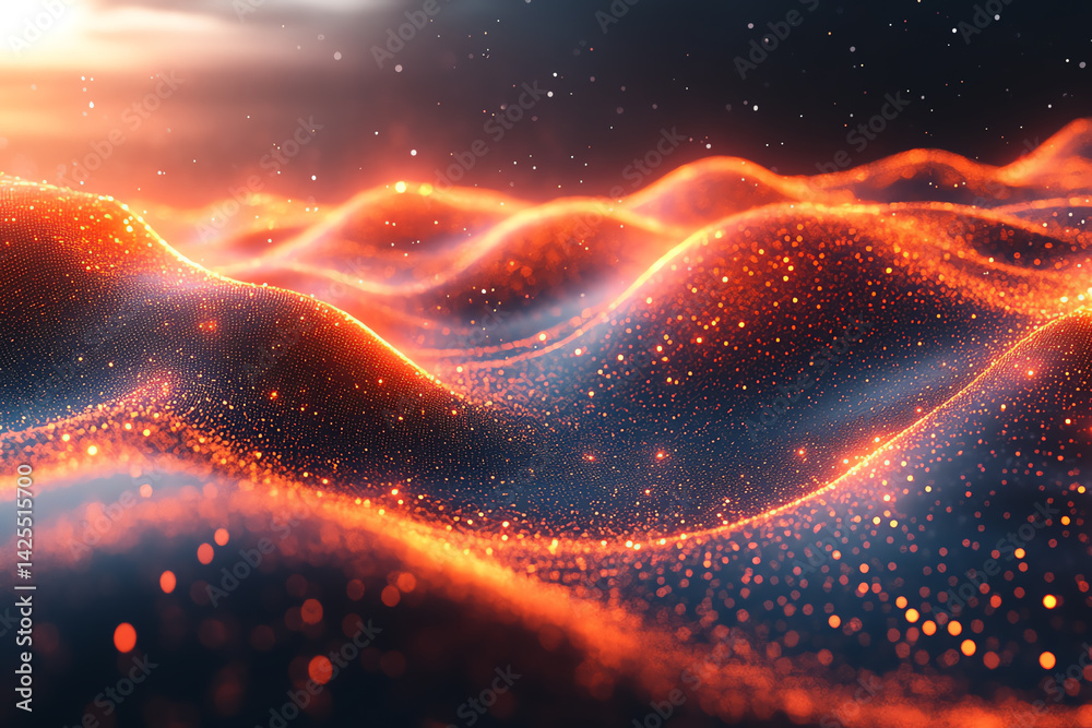 Fototapete A mesmerizing abstract landscape with glowing waves of light, creating a sense of movement and energy in a digital space.