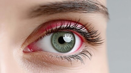 Obraz premium Woman's eye is green and has a red tint. The eye is surrounded by eyelashes and the lashes are curled