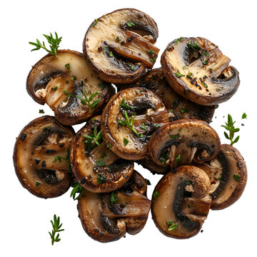 Saut&eacute;ed Mushrooms: A close-up shot of perfectly saut&eacute;ed mushrooms, golden-brown, garnished with fresh herbs, tempting the viewer's palate with its savory goodness.