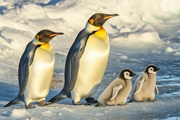 Obraz premium Emperor penguins with chick, side view. A family of emperor penguins on the ice in Antarctica. Stock photo contest winner, high-resolution image, high detail, high quality. 