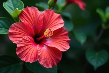 Fototapeta premium Intricate hibiscus blooms, lush leaves, vibrant color , flower, orange