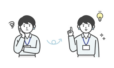 悩みを解決するオフィスカジュアル姿の女性（バストアップ）