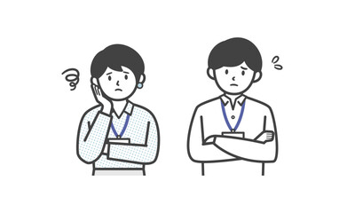 悩みを抱えるオフィスカジュアル姿の男女（バストアップ）