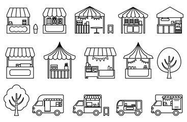マルシェ・屋台・キッチンカーのシンプル線画ベクターイラストセット