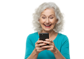 Senior Woman Smiling at Smartphone: Happy and Connected transparent background