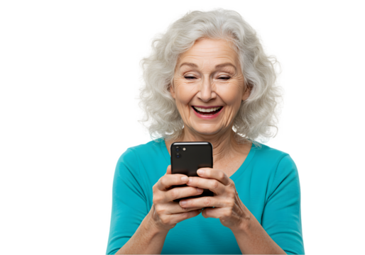Senior Woman Smiling at Smartphone: Happy and Connected transparent background