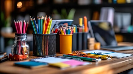 Colorful Pencils Desk Creative Workplace Office.