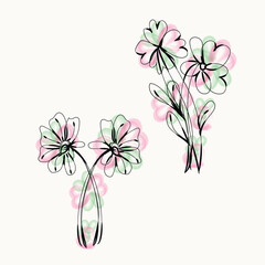 Elegant Watercolor Flower Designs Pink Green Line Art
