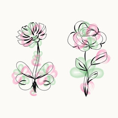 Elegant Line Art Flowers with Watercolor Pastel Background