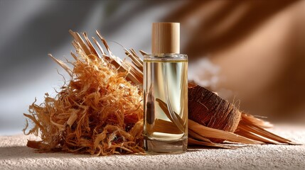 Natural aromatherapy: sandalwood and vetiver essential oil with rustic elements in warm light