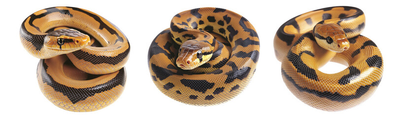 Fototapeta premium Coiled yellow and black patterned snake, isolated on white transparent background, reptiles or wildlife, symbolizing Chinese Lunar New year