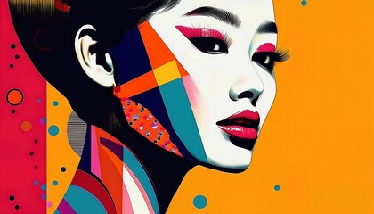 Abstract Pop Art Collage Female Face Swathed in Vibrant Hues and Striking Shapes, Embracing a Dynamic Energy in the Ca at .