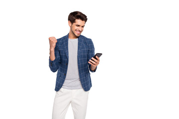 Portrait of his he nice attractive stylish cheerful cheery glad satisfied businessman wearing blue...
