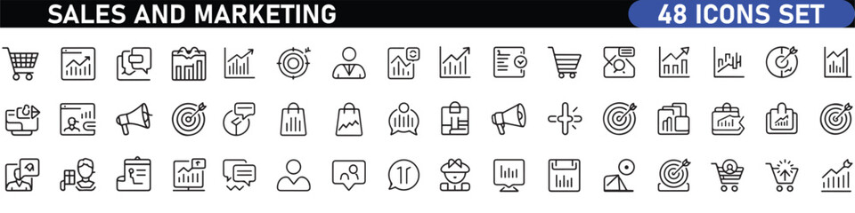 Sales and Marketing Icon black Set. A dynamic collection of icons designed to enhance branding, promotions, and customer engagement, perfect for marketing materials and business applications.