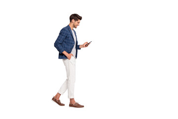 Full length body size view of nice attractive trendy cheerful cheery businessman wearing blue...