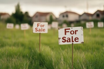 Multiple "For Sale" signs in a grassy field with blurred houses in the background. Represents recession, economic downturn, and a struggling real estate market.