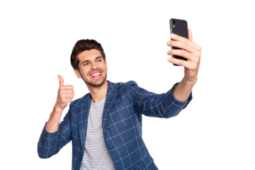 Portrait of his he nice attractive trendy stylish cheerful cheery glad businessman wearing blue checked blazer taking making selfie showing thumbup isolated over light white pastel background