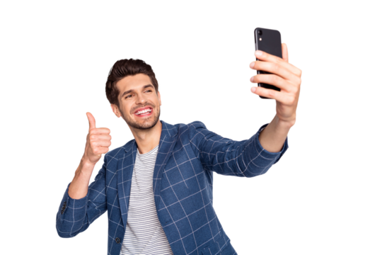 Portrait of his he nice attractive trendy stylish cheerful cheery glad businessman wearing blue checked blazer taking making selfie showing thumbup isolated over light white pastel background