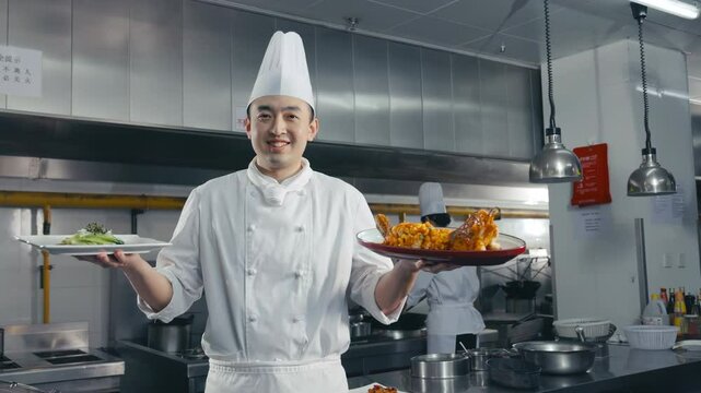 In modern kitchen, chef holding a perfectly plated dish, with the main ingredient prominently displayed in the center. A perfect footage for restaurant menus or food blogs, showing a delicious plate
