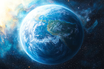 A stunning view of Earth from space, showcasing the vibrant blues and greens of our planet amidst a cosmic backdrop.