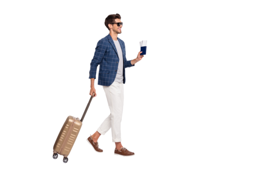 Full length body size view of nice attractive stylish trendy cheerful cheery businessman wearing blue checked blazer going to air board service isolated over light white pastel background