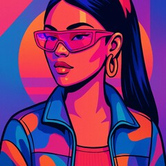 Potret Fashion Futuristik Gaya Retro Neon – Ilustrasi Digital Pop Art Modern