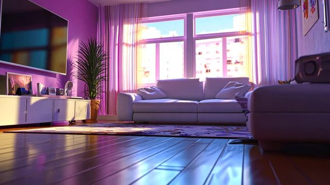 Cozy modern living room with purple walls, bright sunlight streaming through large windows