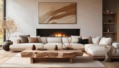Rustic Contemporary Living Room with Barn Wood Table and Ivory Corner Sofa A Warm Cozy Space Embracing Natures Warmth