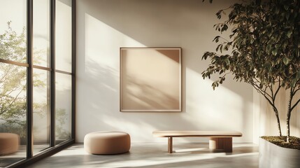 Bright Room Interior with Artwork Bench and Potted Tree Decoration