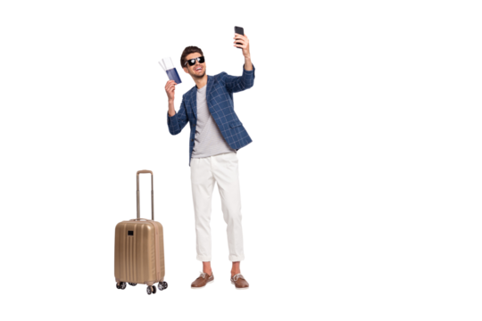Full length body size view of nice attractive stylish cheerful cheery glad successful businessman tourist wearing blue checked blazer taking making selfie isolated over light white pastel background