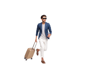 Full length body size view of nice attractive stylish business tourist wearing blue checked blazer...