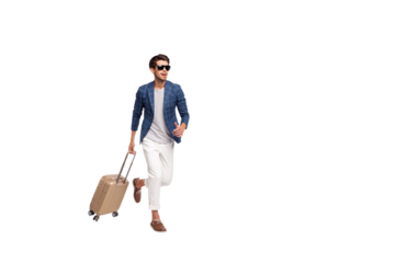 Full length body size view of nice attractive stylish business tourist wearing blue checked blazer modern look carrying bag running to registration service isolated over light white pastel background