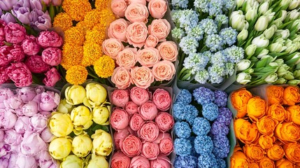 Fototapeta premium vibrant assorted flower bouquet featuring roses, tulips, hydrangeas, and more for spring and celebrations