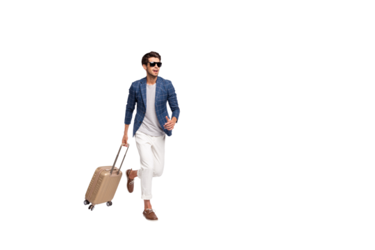 Full length body size view of nice attractive stylish business tourist wearing blue checked blazer modern look carrying bag running to registration service isolated over light white pastel background - Powered by Adobe