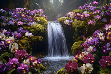Naklejka na ściany i meble A cascading waterfall surrounded by vibrant orchids in a lush, mossy forest.
