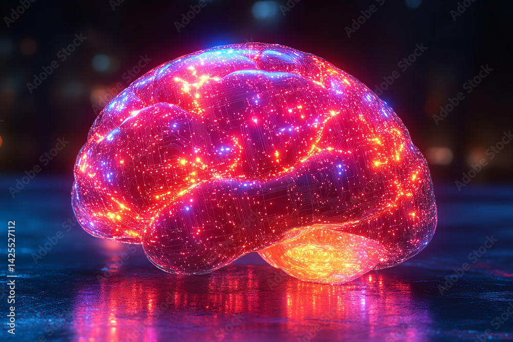 Poster a vibrant, glowing representation of a brain, illuminated with stars and colors, symbolizing creativ