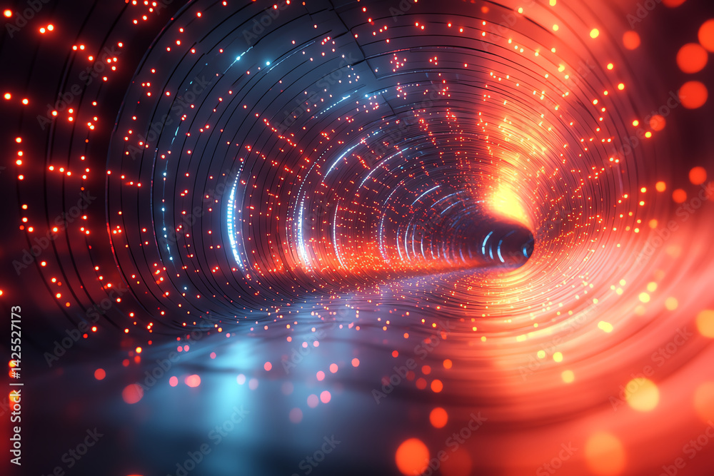Poster A vibrant, abstract tunnel illuminated by dynamic lights and particles representing futuristic technology and digital environments.