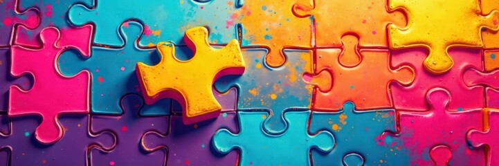 Colorful pop art style image of a sliding puzzle piece falling into place, slide, fun, pop art