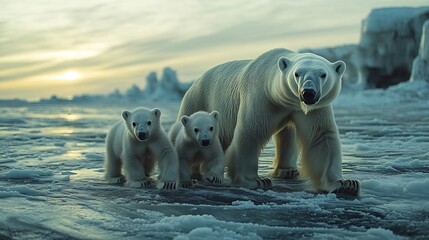 A mesmerizing Arctic wildlife moment featuring a polar bear mother and cubs traversing an icy landscape