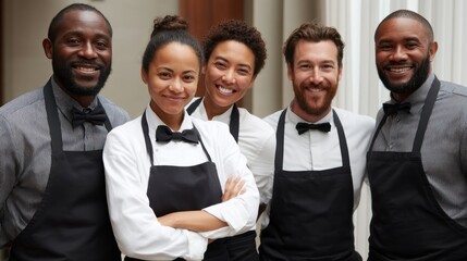 Diverse group of smiling restaurant staff in uniforms
