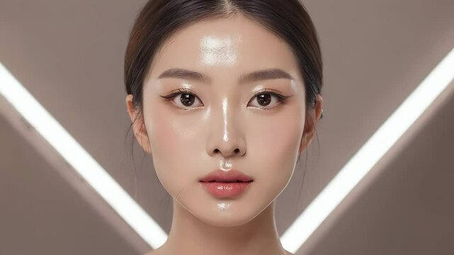 Close-up portrait of a beautiful Asian woman with glossy skin and light makeup against a geometric background