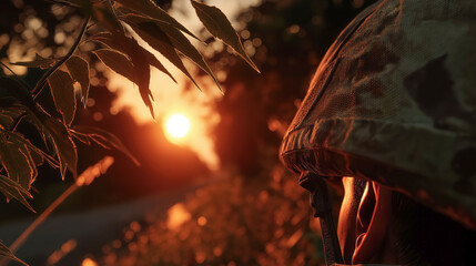 Young adult watching sunset through leaves while wearing camouflage in outdoor setting
