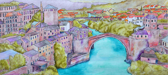 Colouful Painting in Ink of Mostar  Bosnia Herzegovina 