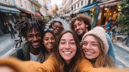 Diverse group of young adults smiling and taking a selfie in a bustling european street
