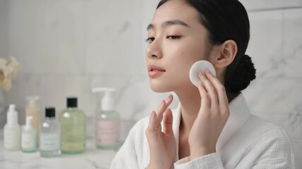 Young Asian woman using a cotton pad for skincare in the bathroom with products in the background - Powered by Adobe
